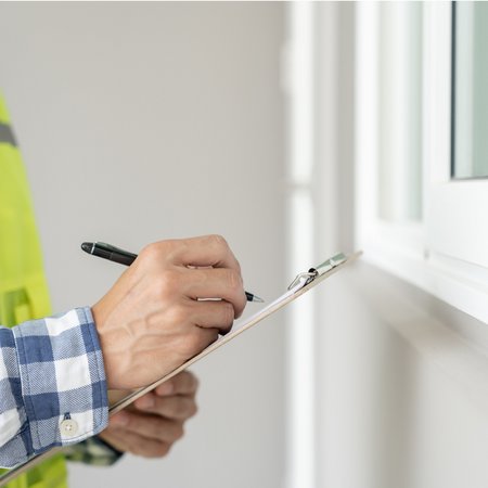 Handwerker macht Notizen auf Unterlagen