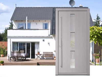EinzigARTig- Haustüren aus Holz - Modell 530 vor weißem Haus